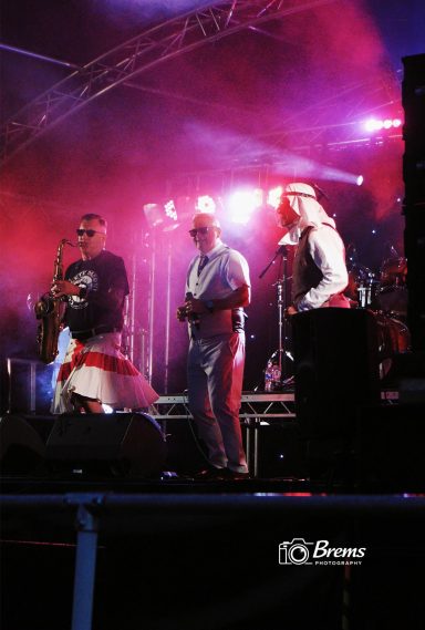Members of a band playing at a music concert
